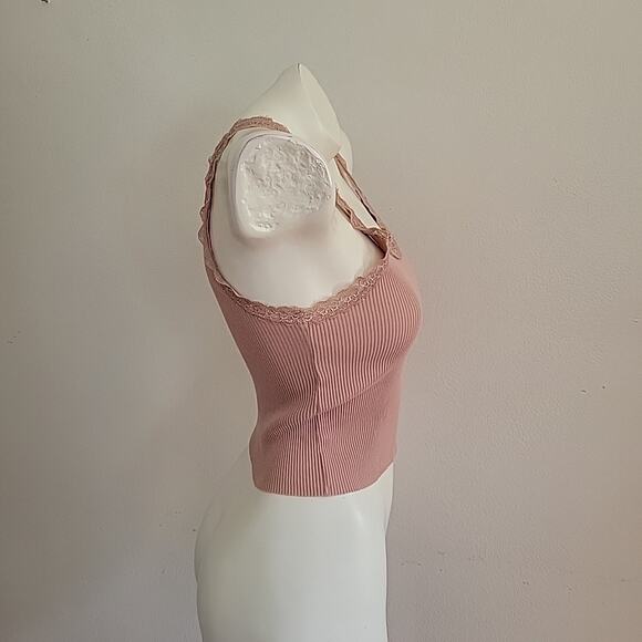 Urban Outfitters Dusty Rose Lace Trim Rib Knit Cropped Tank Top Coquette Retro - Picture 2 of 7